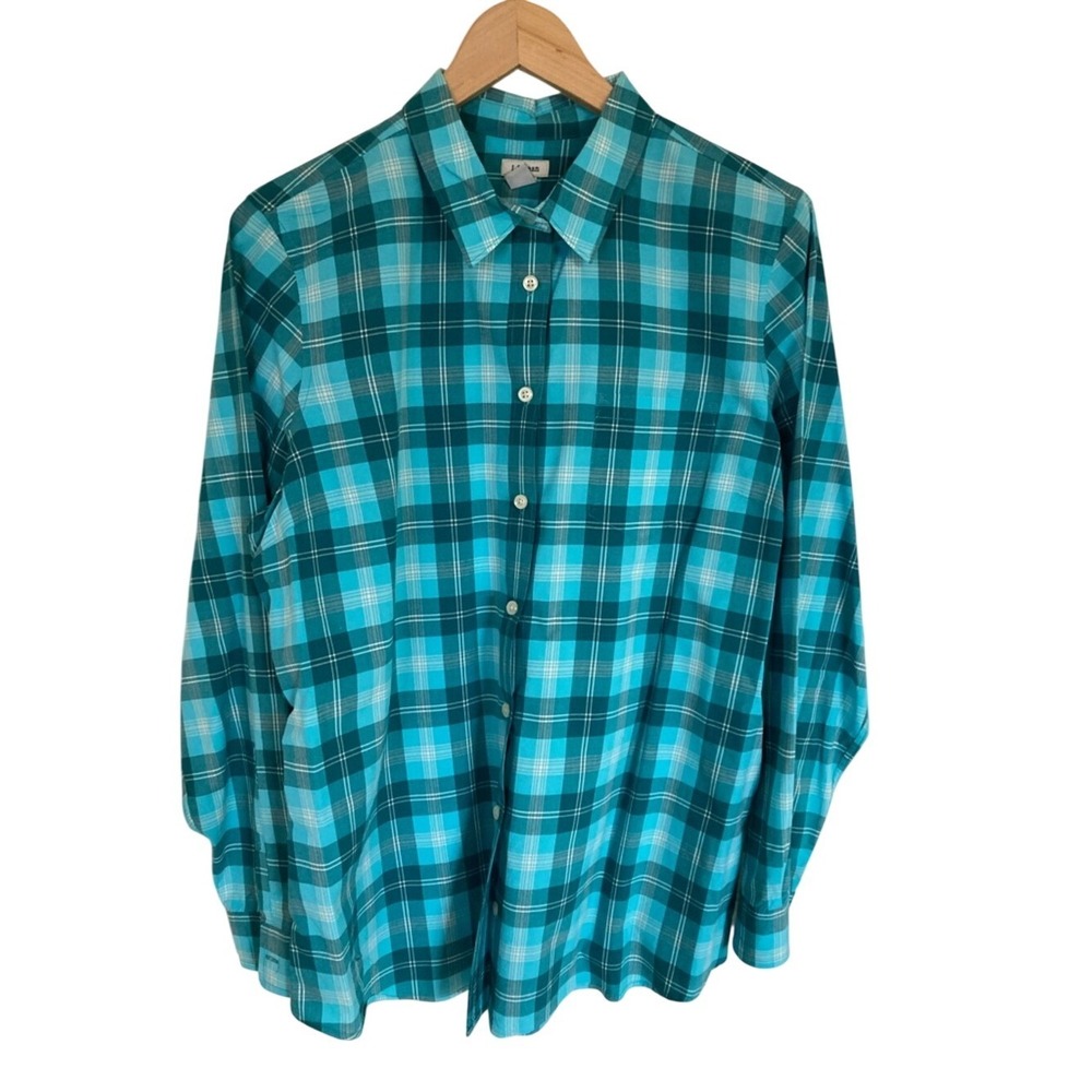 LL Bean Womens Teal Plaid Button-Up‎ Shirt Size Large Cotton Classic Preppy